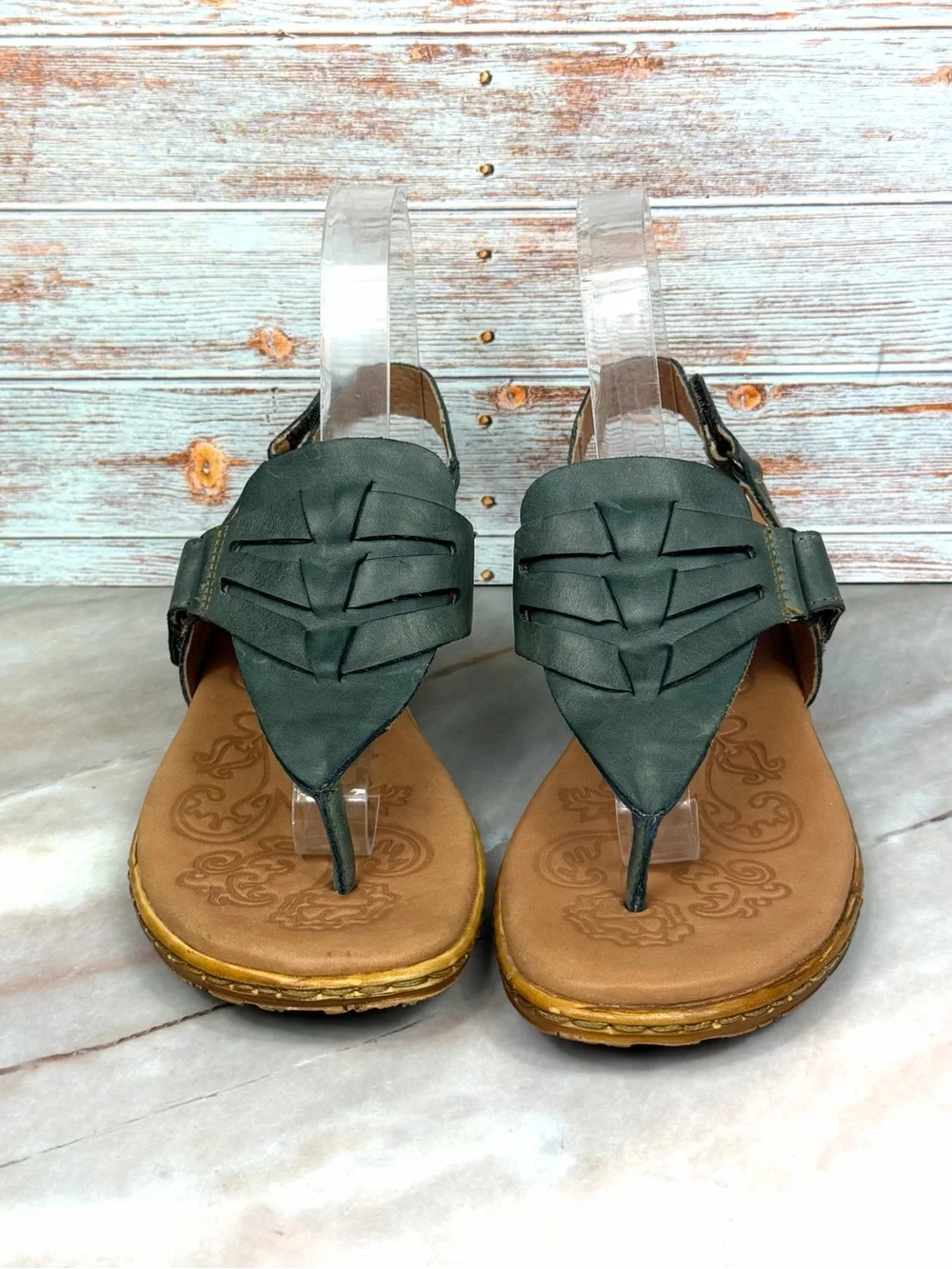 Born Karis Wedge Thong Slingback Sandals in Dark Sage Leather